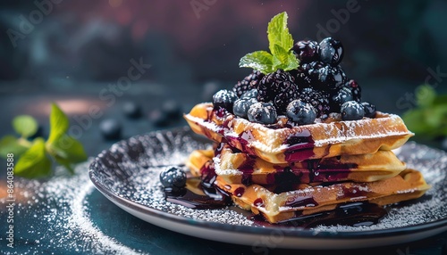 Waffles with blueberry compote and powdered sugar, fruity breakfast, fresh and vibrant,