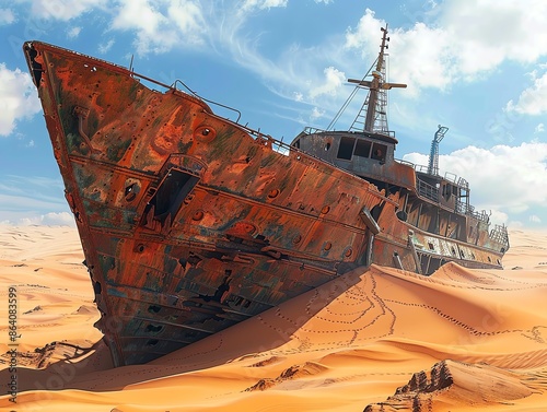 Abandoned shipwreck halfburied in desert sand, surreal landscape, forgotten history, photo