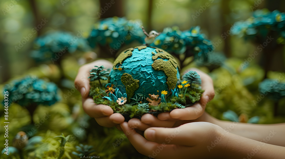 Child's Hands Holding Earth in Paper Landscape with Trees and Animals