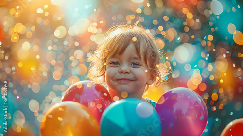 Little girl in balloons. Happy Child.