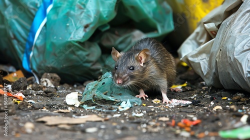 Rat rummaging through a pile of garbage bags, urban waste, city hygiene,