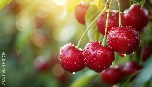 Red cherries glistening on a tree, summer harvest, delicious fruit,