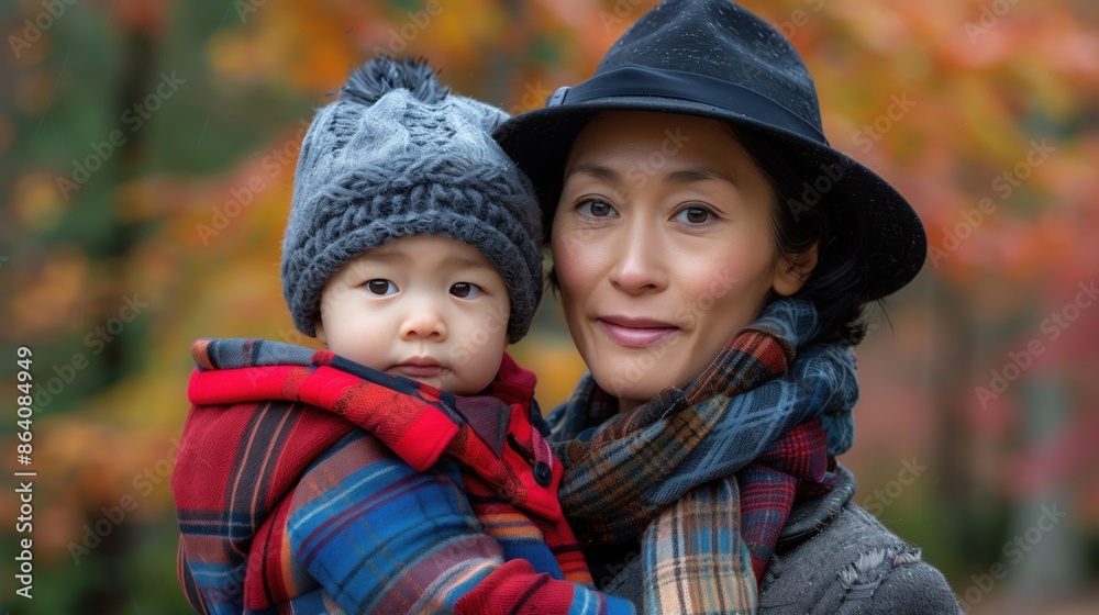 Woman holding a child wearing warm clothes during fall, with colorful leaves in the background.