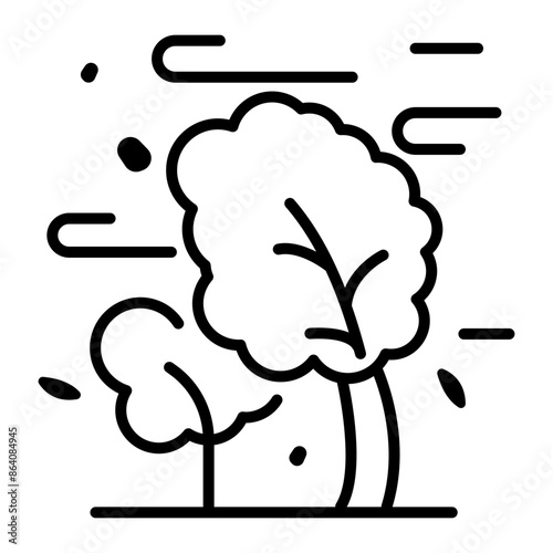 Trees with heavy wind denoting typhoon, line icon 