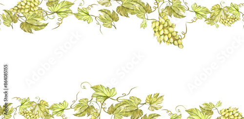 Seamless Banner of Grape Vine, Leaves. For Menus, Recipes, Wine and Juice Labels, Business Cards, Postcards, Invitations, Package