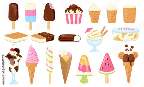 Big vector set of different ice cream in waffle cone and bars ice creams with different flavours chocolate, vanilla, fruits. Hand drawn ice-cream popsicle with sprinkling, scoop balls in cups isolated