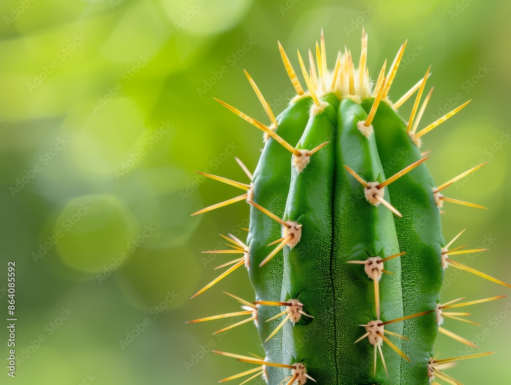 Close-up of a vibrant green cactus with yellow spines in natural sunlight, macro photography, Nature and botanical concept Close-up of a vibrant green cactus with yellow spines in natural sunlight, macro photography, Nature and botanical concept
