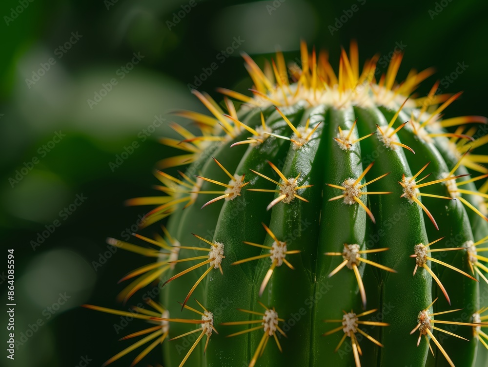 Close-up of a vibrant green cactus with yellow spines in natural sunlight, macro photography, Nature and botanical concept Close-up of a vibrant green cactus with yellow spines in natural sunlight, macro photography, Nature and botanical concept