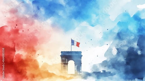 Watercolor illustration celebrating French National Day with arc de triomphe with flag. photo