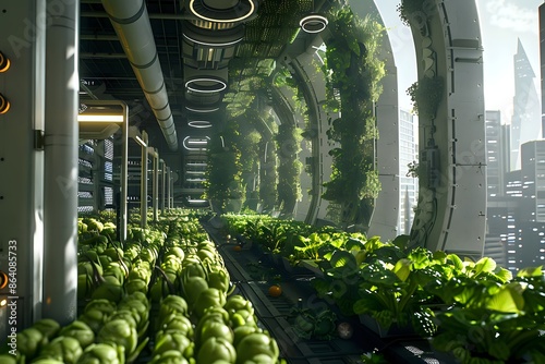 Futuristic vertical farm in a cityscape, sustainable agriculture and urban farming concept. 3D illustration photo