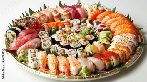 Sushi platter against white backdrop