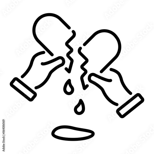 Broken heart with blood drops, line icon 