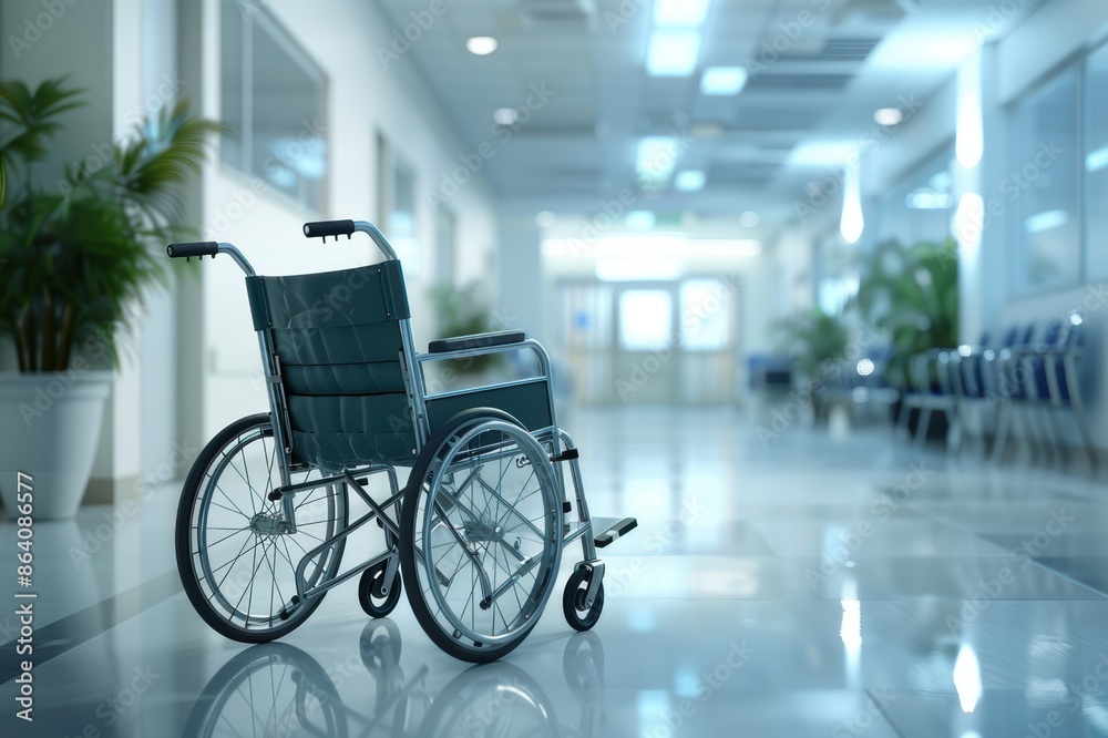 Obraz premium Empty wheelchair in a bright, clean hospital corridor. Concept of healthcare, disability, rehabilitation, accessibility, and patient care.