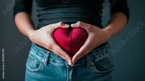 A female holding a heart-shaped stuffed pillow over her abdomen. Ovarian and Cervical cancer, Endometriosis, Reproductive, Menstruation, and Sexual Transmission disease concept. 