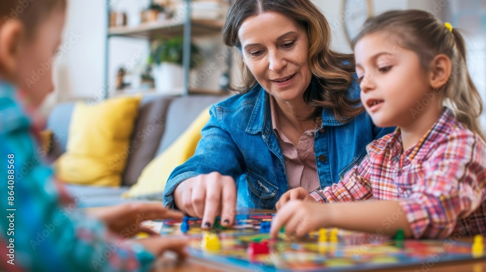 Family Game Night: Mother and Children Enjoying a Board Game Together Family Game Night: Mother and Children Enjoying a Board Game Together
