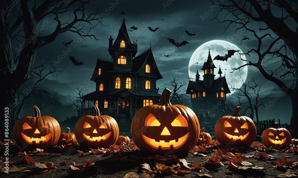 Halloween background with pumpkins and haunted house - 3D render Halloween background with pumpkins and haunted house - 3D render