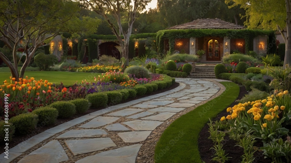 Obraz premium The front yard of the house is made into a flower garden