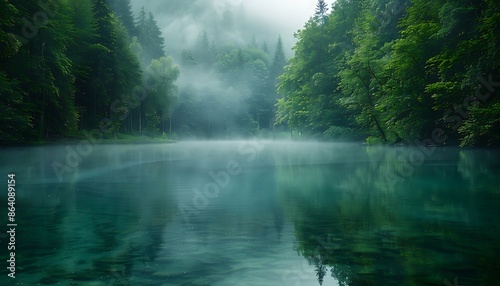 Beautiful view of a mountain lake in a foggy forest.