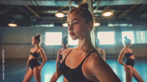 A group of young ballerinas are practicing dance routines with a focus on one dancer in a welllit dance studio, showcasing their dedication and precision