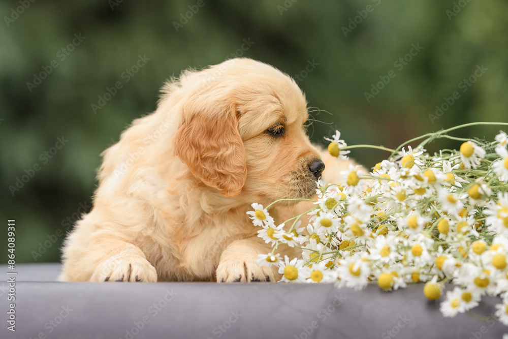 Φωτογραφία small puppy dog ​​golden retriever labrador near a bouquet of wildflowers and daisies