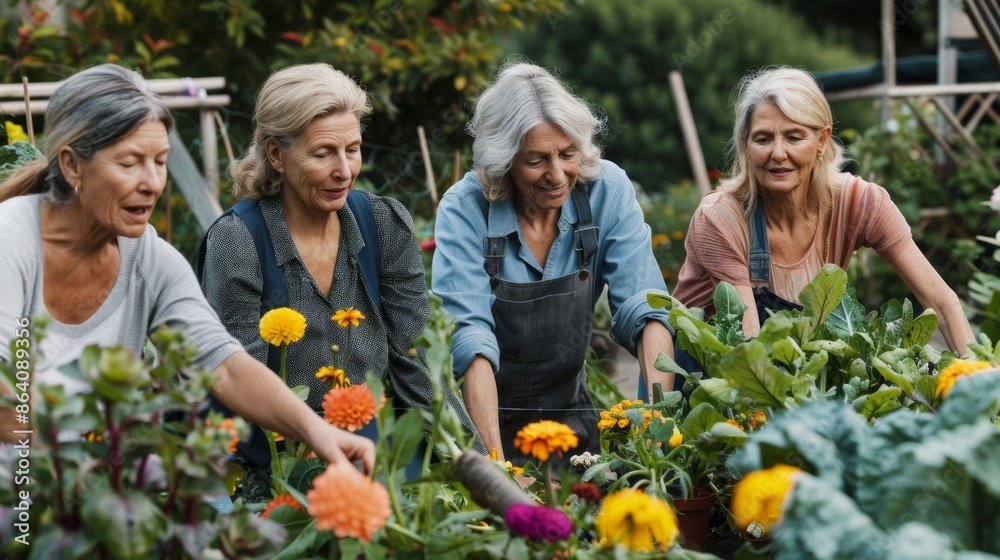 Senior Women Enjoying Gardening Together in Lush Greenhouse Senior Women Enjoying Gardening Together in Lush Greenhouse