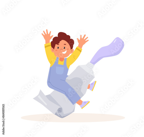 Cute boy artist sits on top of a big tube of paint. Funny cartoon character. Concept of childrens art and design school. Vector illustration