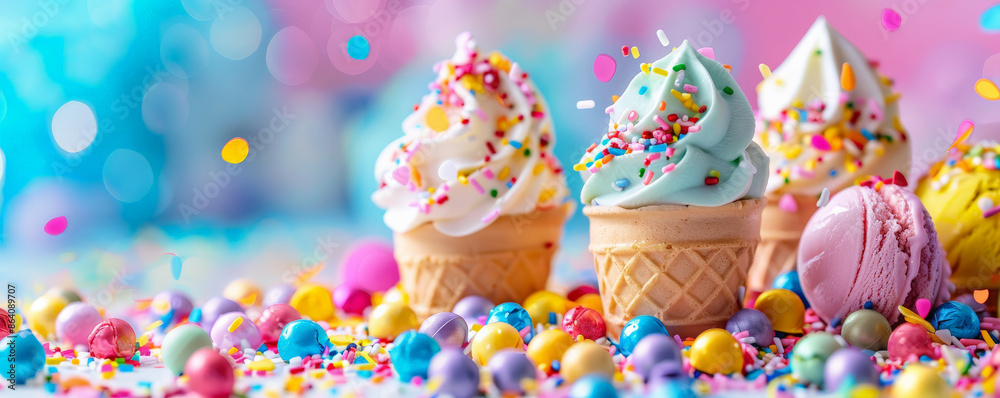 Ice cream background showcasing a playful arrangement of ice cream scoops and toppings in a vibrant, colorful setting. The dynamic composition and bright colors make the scene look lively and fun.