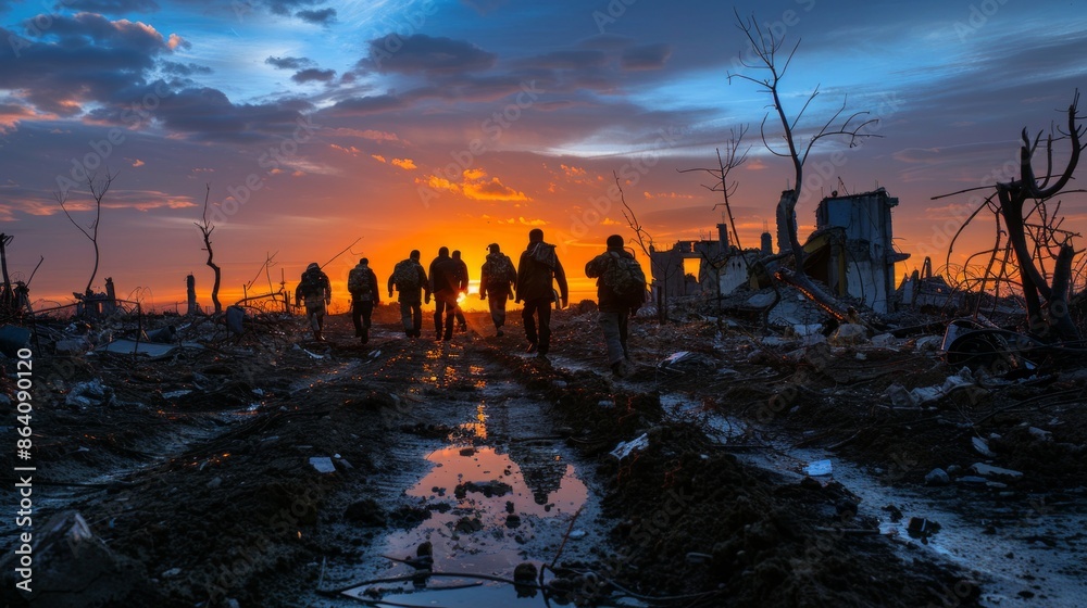 Silhouetted people walking through post-apocalyptic landscape