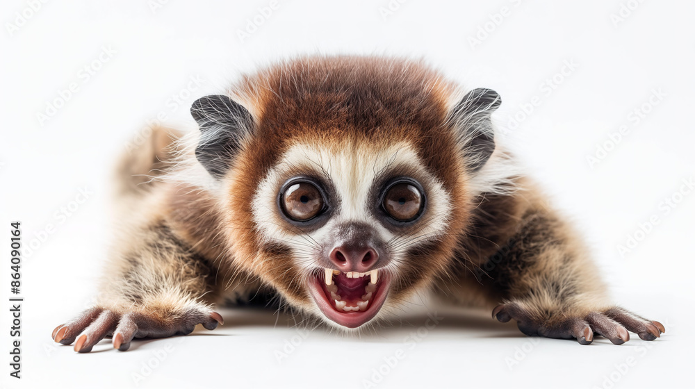angry slow loris small primate with sharp teeth, white background angry slow loris small primate with sharp teeth, white background