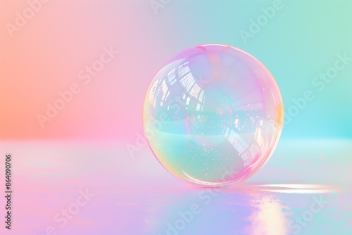 Transparent soap bubble with delicate rainbow reflections on a pastel background. Light and airy abstract concept.