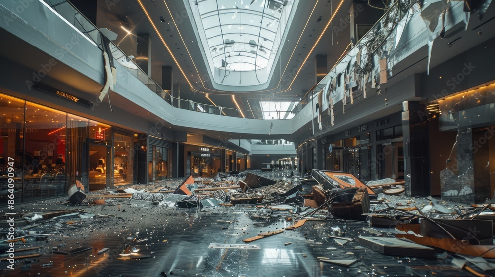 Destroyed shopping mall with debris and damaged structure