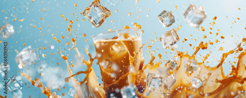 Iced coffee latte background with a refreshing design of iced coffee splashes and ice cubes in mid-air. The backdrop is a vibrant, light blue, evoking a cool and energizing atmosphere. photo
