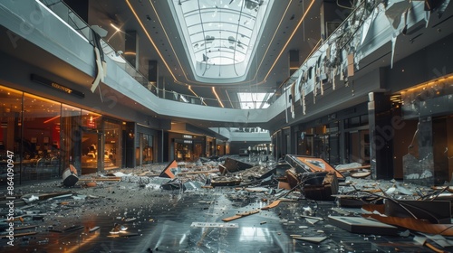 Obraz na płótnie Destroyed shopping mall with debris and damaged structure w salonie