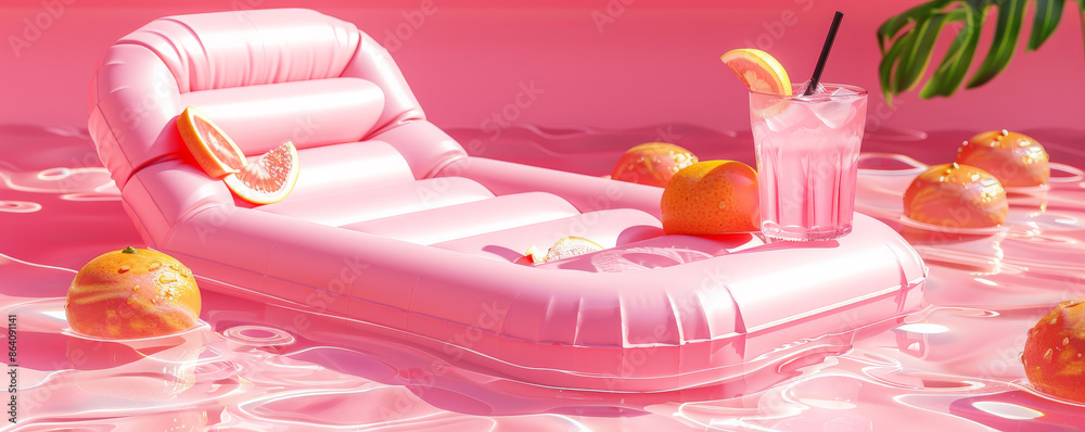 Summer vacation concept on a pink background featuring a floating pool lounger. An inflatable lounger, a cool drink, and the calm waters of a pool are surrounded by vibrant pinks, suggesting Summer vacation concept on a pink background featuring a floating pool lounger. An inflatable lounger, a cool drink, and the calm waters of a pool are surrounded by vibrant pinks, suggesting