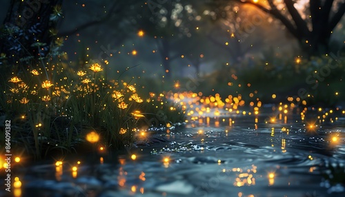 Puddle with water drops and bokeh lights in the evening