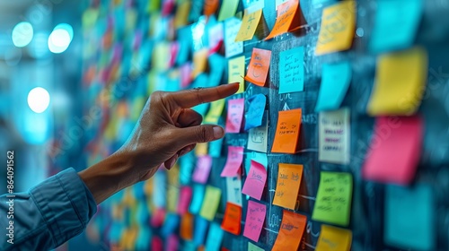 Person pointing at colorful sticky notes on a wall