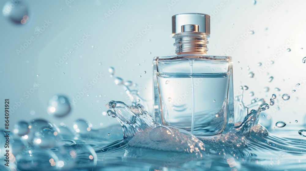 bottle of perfume on blue background, water background bottle of perfume on blue background, water background
