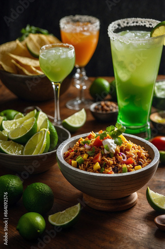 A Modern Mexican food on table next to a green margarita glass