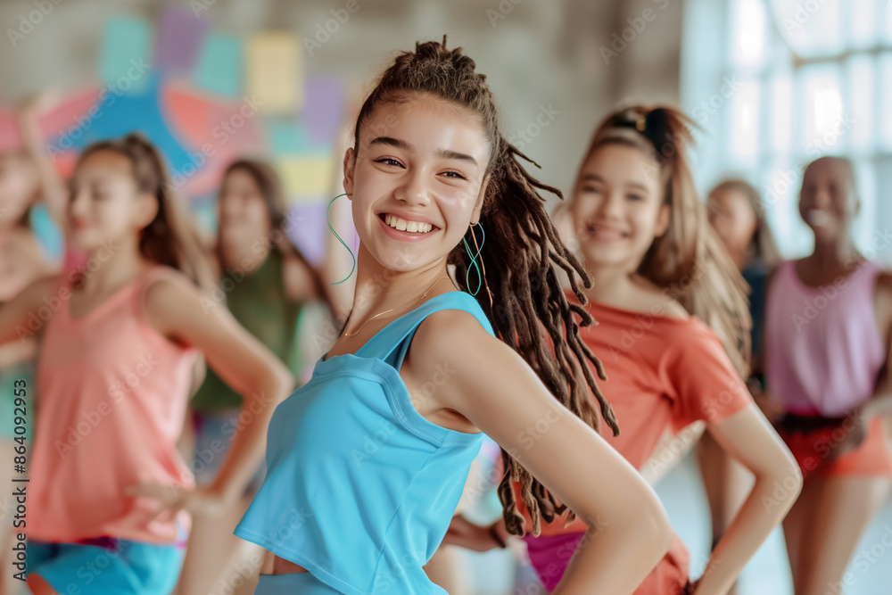 Fototapeta premium A vibrant scene of young girls dancing together in colorful attire, radiating energy, enthusiasm, and joyful choreography, showcasing their dynamic spirit