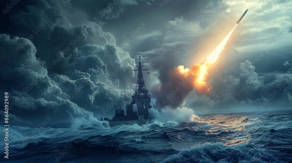 Obraz premium Warship firing a missile during a stormy sea battle