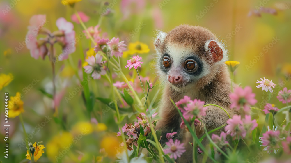 A cute baby slow loris in the middle of wild flowers, bokeh background endangered mammal 