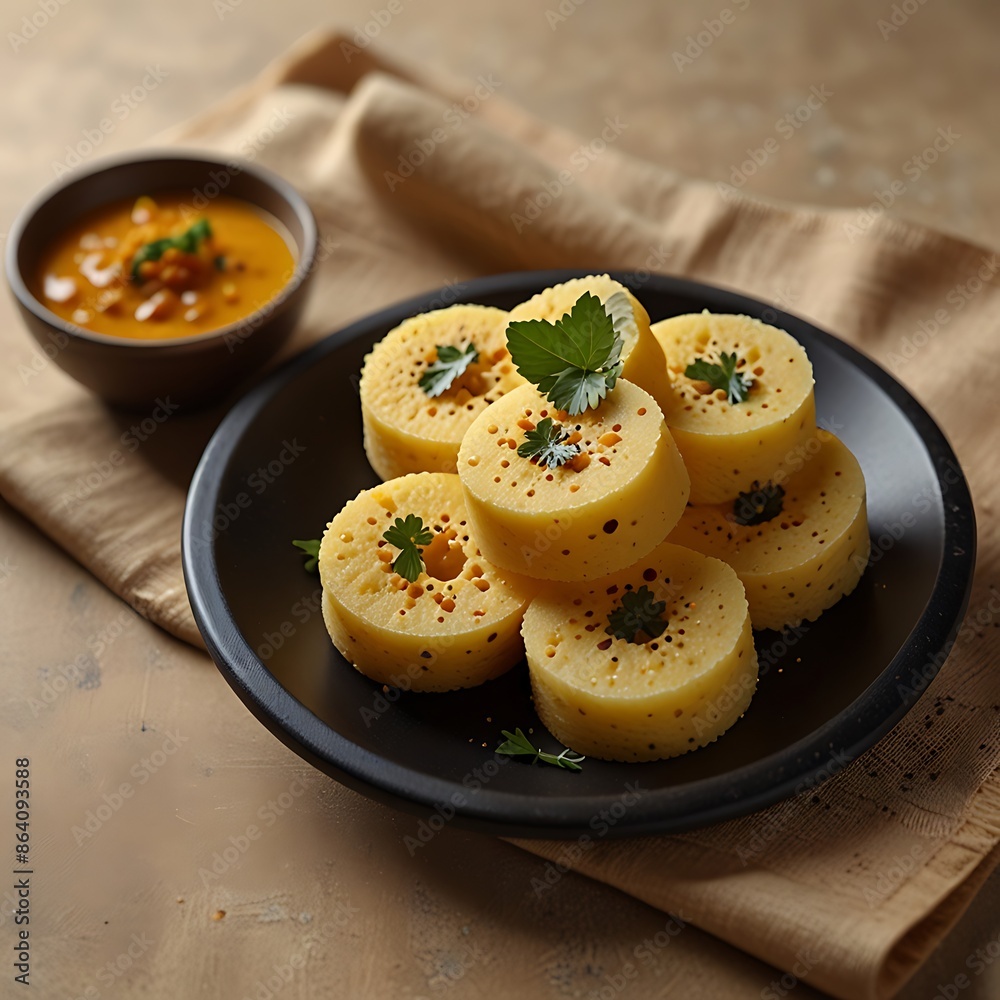 Popular Indian dish Traditional Food Sev Khaman Dhokla Served With Green Chutney & Chilli