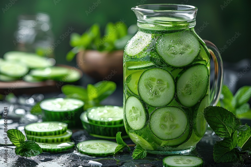 A refreshing cucumber and mint infused water in a glass pitcher, surrounded by sliced cucumbers and mint leaves. A refreshing cucumber and mint infused water in a glass pitcher, surrounded by sliced cucumbers and mint leaves.