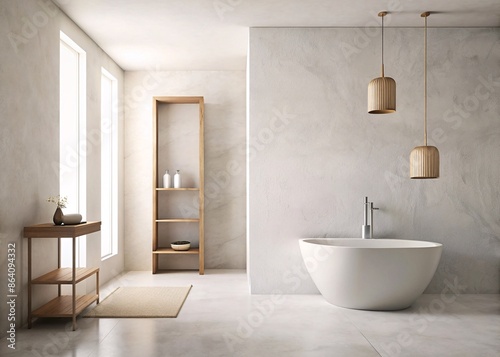 Modern Minimalist Bathroom Interior. A serene, minimalist bathroom featuring a sleek, freestanding bathtub and elegant pendant lighting.  © hobonski