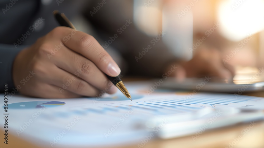 Close-up of a person writing on financial documents with a pen, analyzing data, and using a calculator in an office setting. Close-up of a person writing on financial documents with a pen, analyzing data, and using a calculator in an office setting.