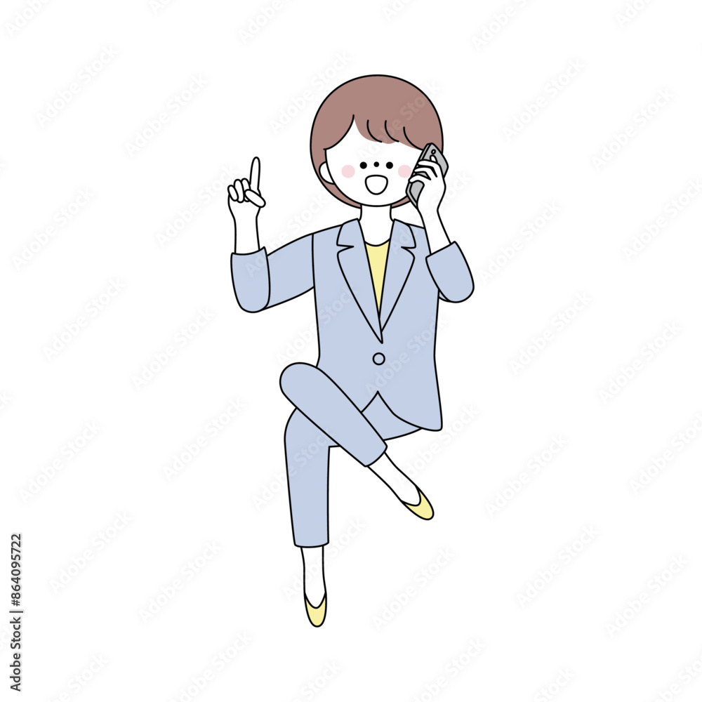 電話をしながらポイントを説明している座っているスーツの女性のイラスト 電話をしながらポイントを説明している座っているスーツの女性のイラスト