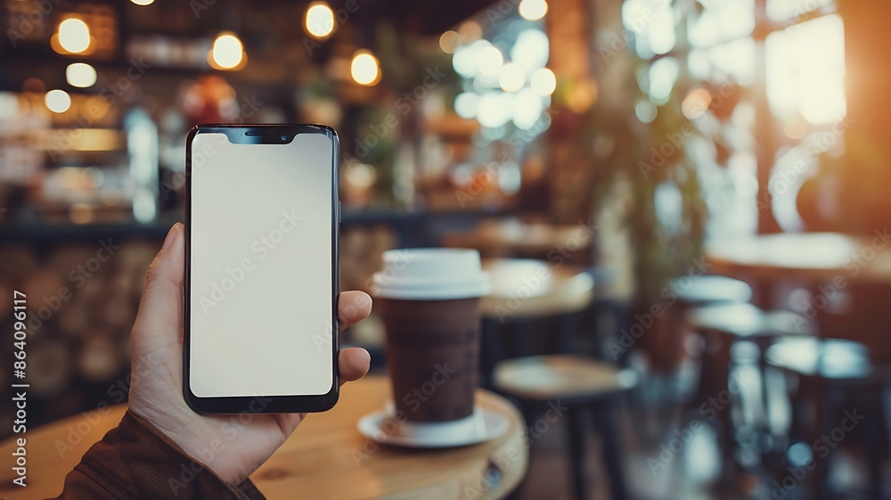 smartphone with a white screen held by a person, coffee shop setting, warm tones, blurred background smartphone with a white screen held by a person, coffee shop setting, warm tones, blurred background