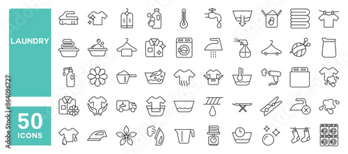 Set of 50 line icons related to laundry, washing, clean clothes, t-shirt hanger, iron, Editable stroke. Vector illustration