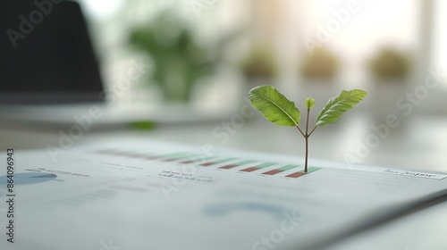 Small plant sprouting from business report, symbolizing growth and sustainability in business with a blurred office background.