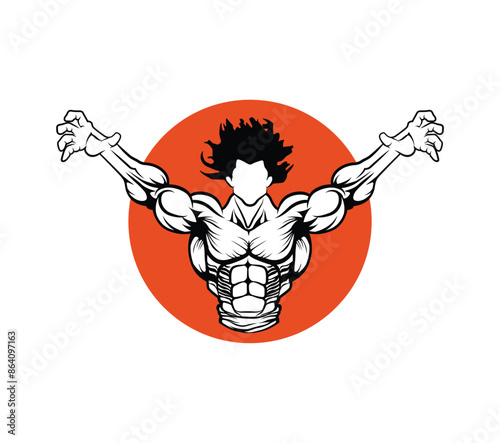 Powerful Anime-Style Muscular Hero with Outstretched Arms and Red Circle Background
